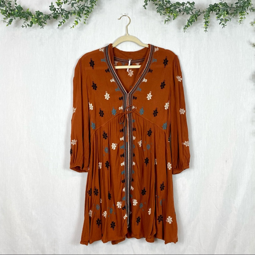Free People Brown Embroidered Boho V Neck Waist Tie Mini Dress Anthropologie S